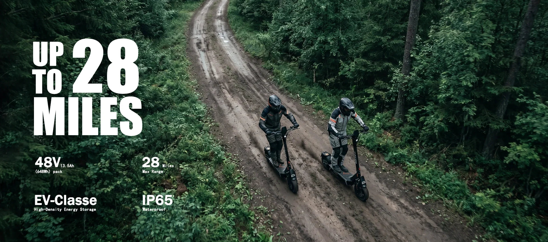 Two riders on ONECNA electric scooters on off-road trail — understanding scooter battery life and extending range